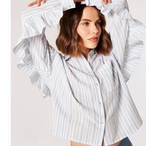 Pilcro Anthropologie Striped Ruffle Button Up Shirt  Relaxed Boxy Fit Cropped M